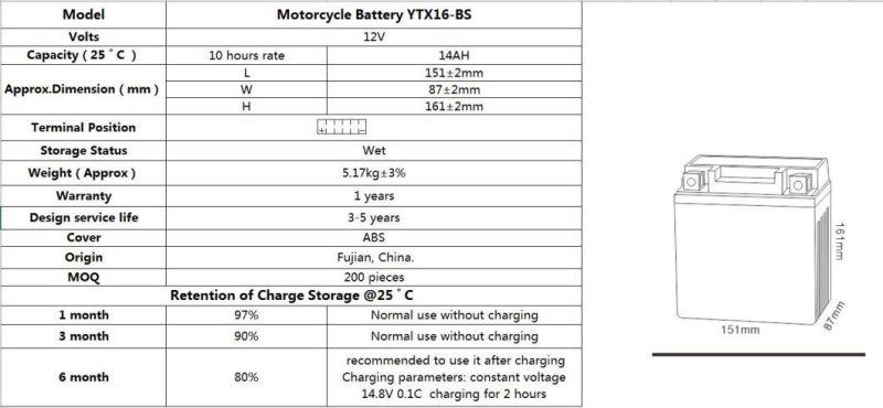 TCS Motorcycle Battery Sealed Maintenance Free YTX16-BS