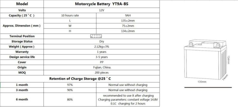 12 Volt 9amp YT9A-BS Lead-Acid Motorcycle Battery