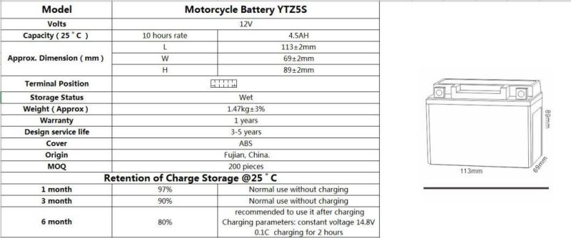 TCS Sealed Maintenance Free Motorcycle Battery for Common motorcycle (YTZ5S-BS)