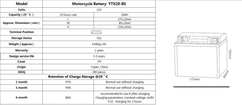 12 V 20 ah YTX20-BS High Capacity Battery Batteria Moto Lead Acid Plate Motorcycle Battery