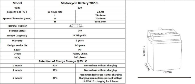 TCS Motorcycle Battery Dry Charged Lead Acid Battery YB2.5L