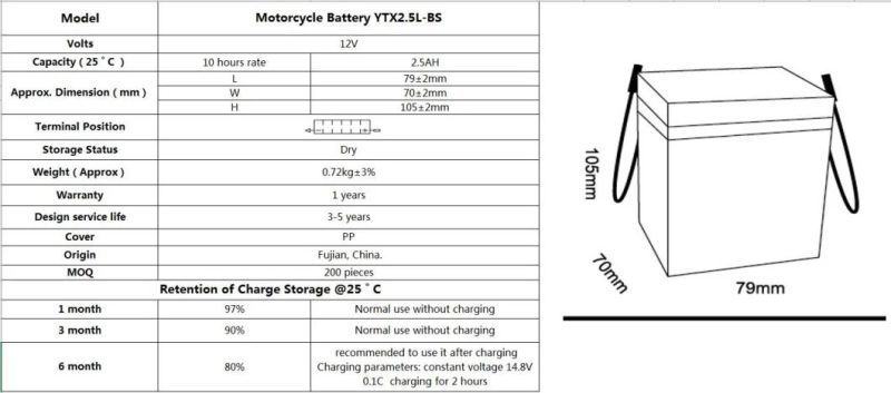TCS Motorcycle Battery Dry Charged Mf Lead Acid YTX2.5L-BS
