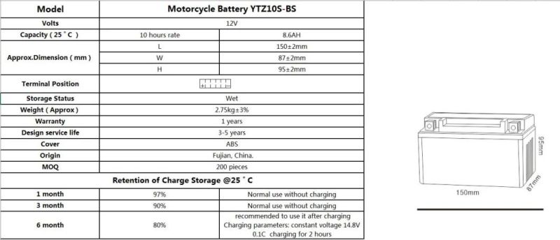 TCS Motorcycle Battery Sealed Maintenance Free YTZ10S-BS