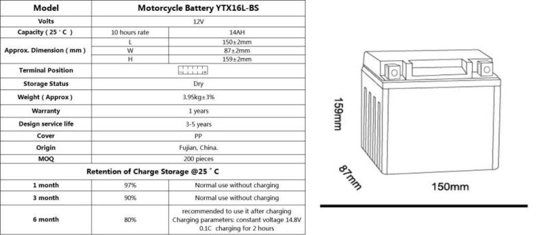 12 V 16 ah YTX16L Lead Acid Battery Charging Rechargeable Batteries Motocycle Battery