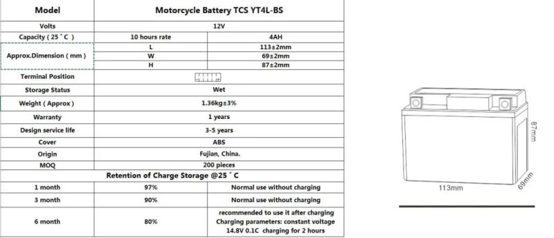 TCS Motorcycle Gel Maintenance Free  Battery  GEL-YT4L-BS