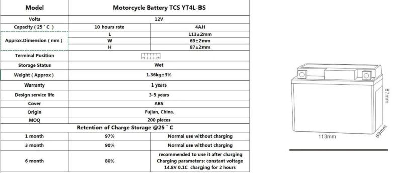 TCS Motorcycle Gel Maintenance Free Battery GEL-YT4L-BS