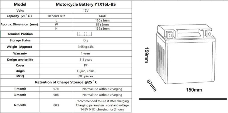 TCS Motorcycle Battery Dry Charged Mf Lead Acid YTX16L-BS