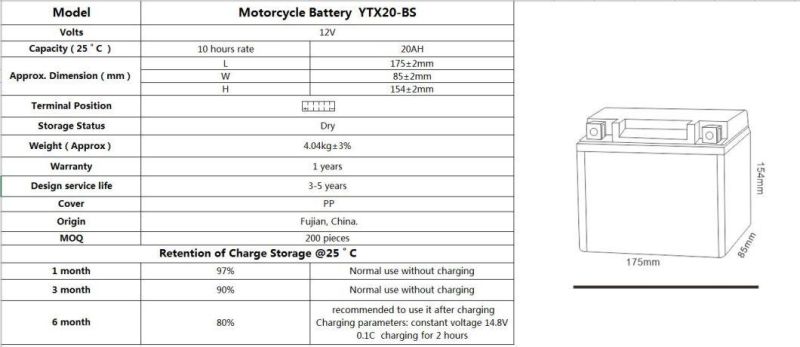 TCS Motorcycle Battery Dry Charged Mf Lead Acid YTX20-BS