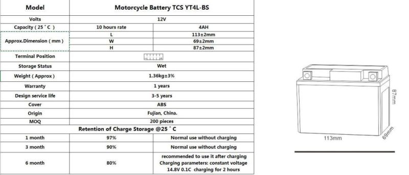 TCS Maintenance Free Gel  Motorcycle Battery  YT4L-BS