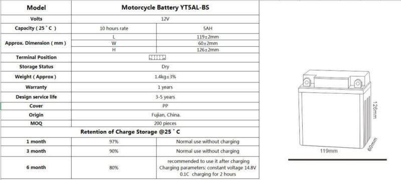 12V 5ah YT5AL-BS Good Starting Performance Motorcycle Battery