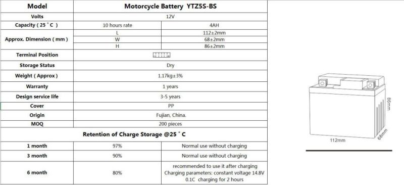 TCS  Dry Charged Maintenance Free  Motorcycle Battery YTZ5S-BS